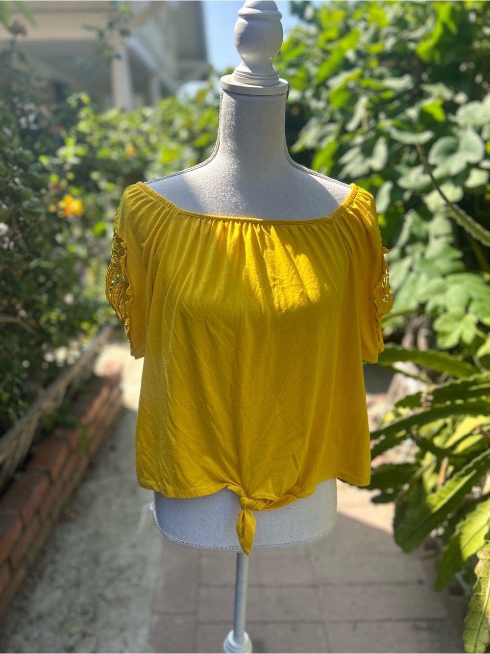 Sunshine Yellow Off-Shoulder Tie-Front Crop Top -